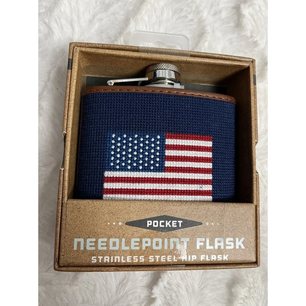 Needlepoint Flask Stars and Stripes American Flag Stainless Steel Kraftsman Co